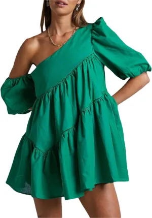 Sexy Mini Dress for Women Ruffle One Shoulder Outfits Short Puff Sleeve Cocktail Bubble Sundress Mini Skirt Sets