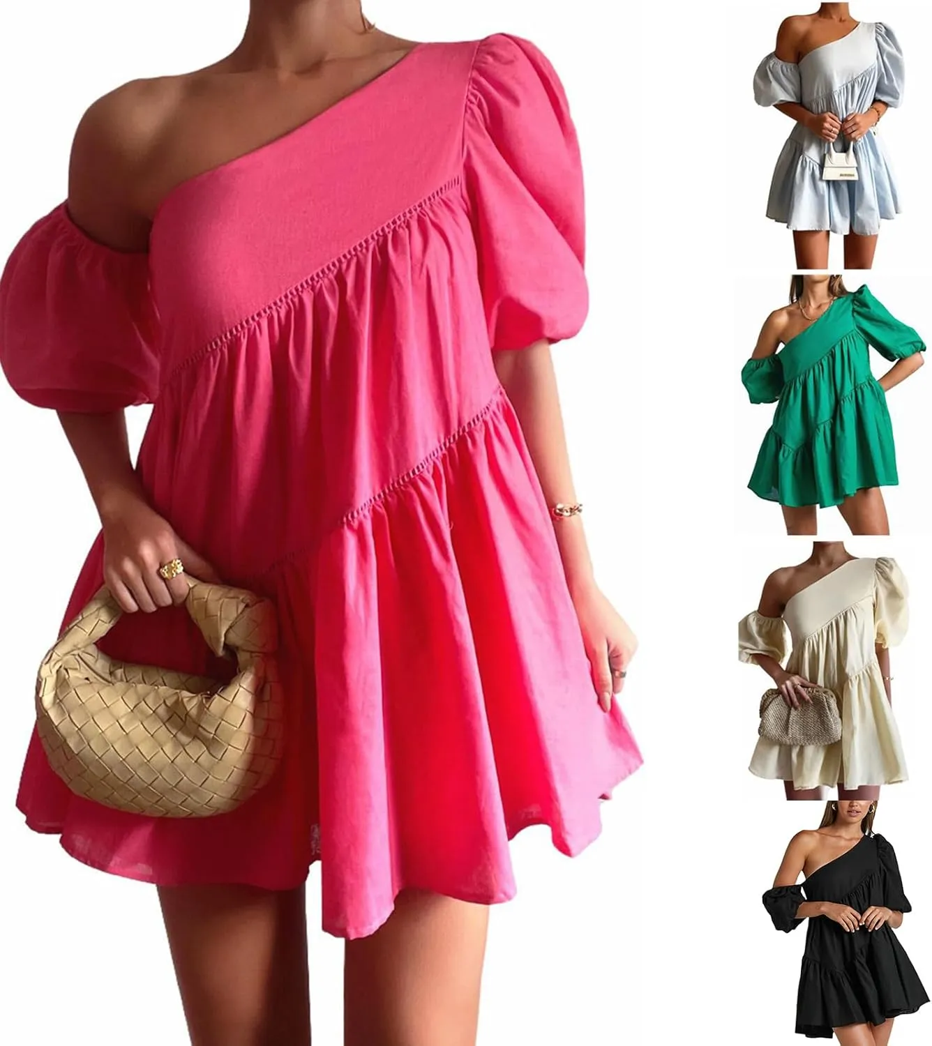 Sexy Mini Dress for Women Ruffle One Shoulder Outfits Short Puff Sleeve Cocktail Bubble Sundress Mini Skirt Sets