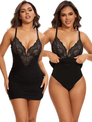 SHAPERIN Shapewear Dress Sexy Deep V Neck Lace Corsets Tops Ruched Bodycon Cocktail Party Mini Dresses for Women