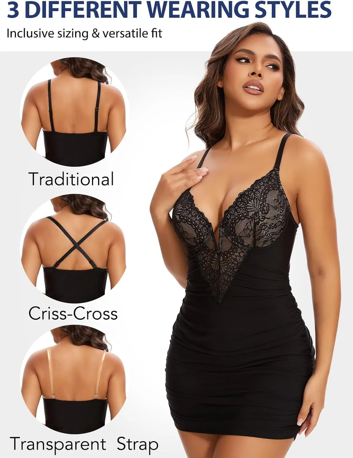 SHAPERIN Shapewear Dress Sexy Deep V Neck Lace Corsets Tops Ruched Bodycon Cocktail Party Mini Dresses for Women