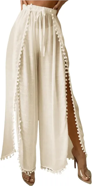 SHENHE Women's Bathing Suit Cover Up Pants Split Wide Leg Sheer Flowy Beach Palazzo Pants