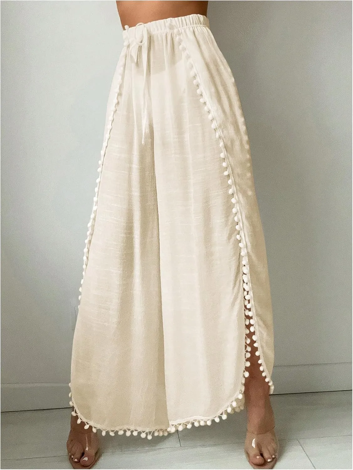 SHENHE Women's Bathing Suit Cover Up Pants Split Wide Leg Sheer Flowy Beach Palazzo Pants