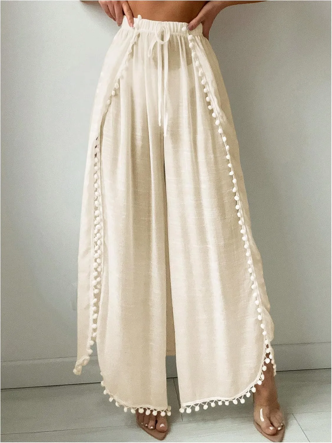 SHENHE Women's Bathing Suit Cover Up Pants Split Wide Leg Sheer Flowy Beach Palazzo Pants