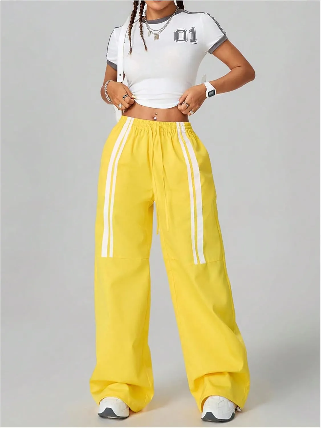 SHENHE Women's Low Rise Drawstring Elastic Waist Pants Wide Leg Y2k Baggy Loose Pants