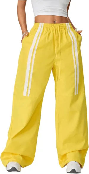 SHENHE Women's Low Rise Drawstring Elastic Waist Pants Wide Leg Y2k Baggy Loose Pants