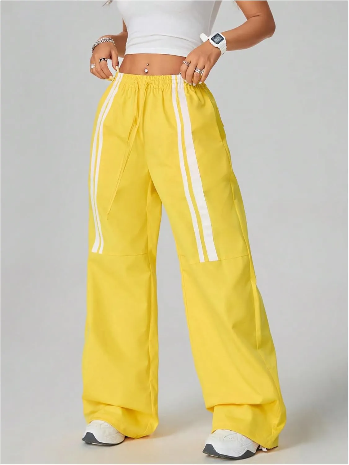SHENHE Women's Low Rise Drawstring Elastic Waist Pants Wide Leg Y2k Baggy Loose Pants