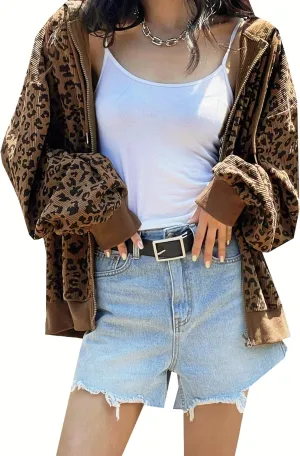 SHENHE Women's Oversized Zip Up Hoodie Leopard Print Sweatshirt Vintage Cheetah Hooded Jacket with Pockets