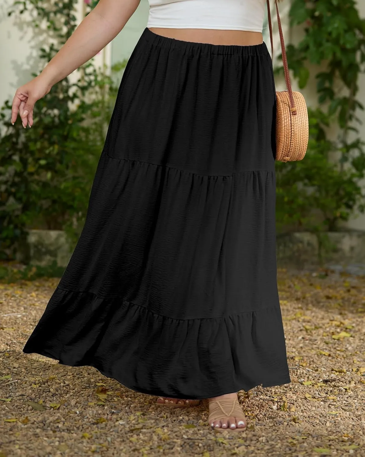 SHIJIALI Women's Plus Size Casual Boho High Waisted Flowy Maxi Skirts Trendy Floral Pleated Long Skirts with Pockets