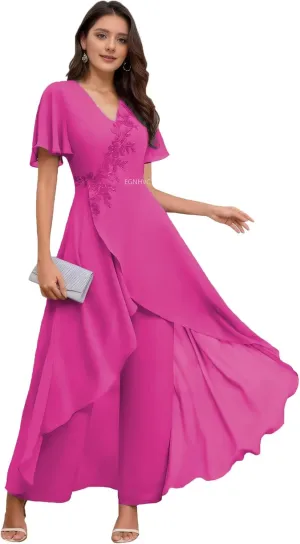 Short Sleeve Mother of The Bride Pant Suits for Wedding Chiffon Hot Pink Wedding Pantsuits Outfits Formal Dresses for Women 14