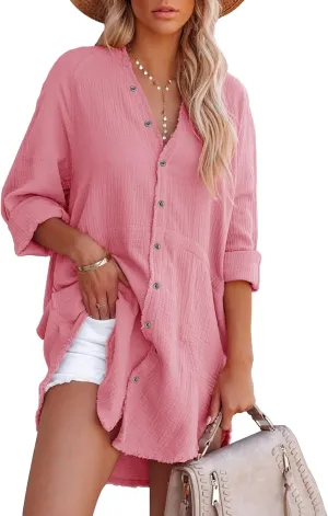 siliteelon Women's Button Down Tunic with Pockets Cotton Gauze Button Up Shirt Dress V Neck Long Sleeve Frayed Blouse Tops