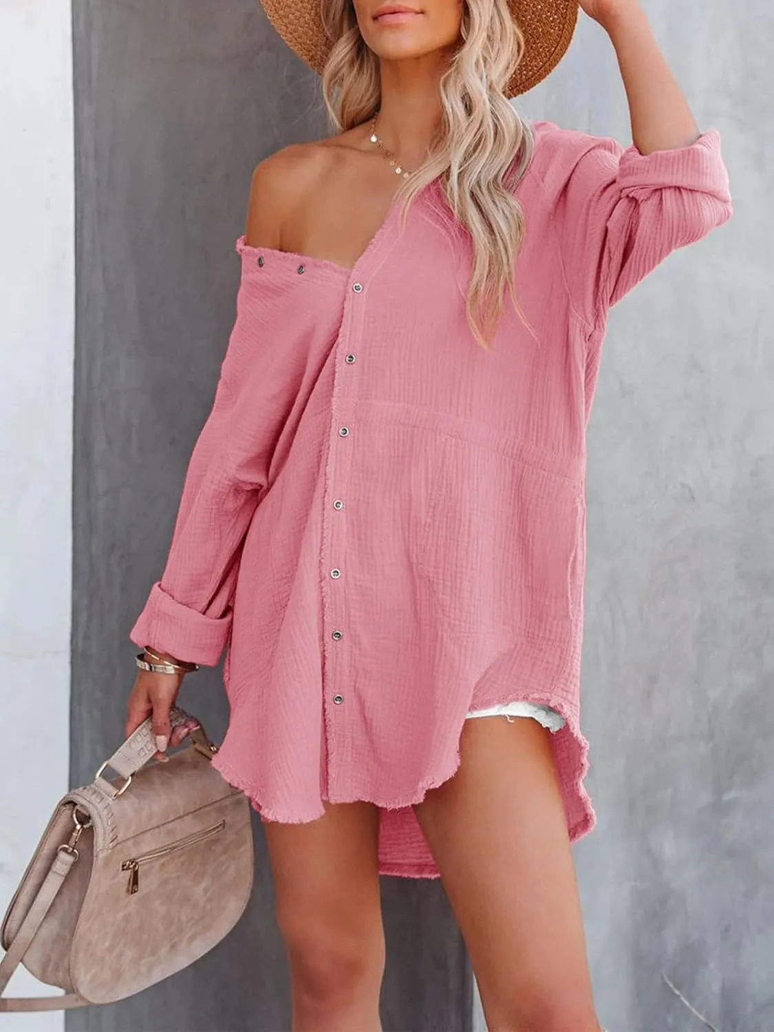 siliteelon Women's Button Down Tunic with Pockets Cotton Gauze Button Up Shirt Dress V Neck Long Sleeve Frayed Blouse Tops