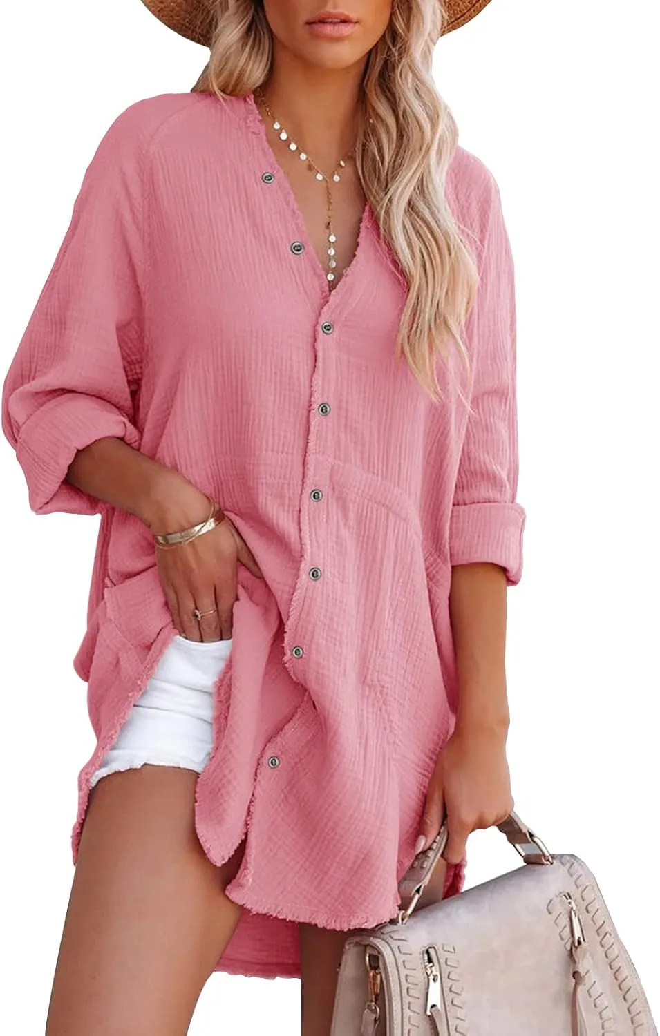 siliteelon Women's Button Down Tunic with Pockets Cotton Gauze Button Up Shirt Dress V Neck Long Sleeve Frayed Blouse Tops