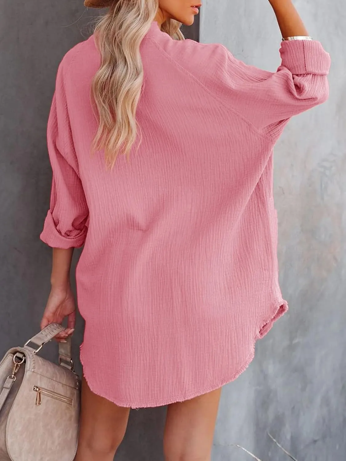 siliteelon Women's Button Down Tunic with Pockets Cotton Gauze Button Up Shirt Dress V Neck Long Sleeve Frayed Blouse Tops