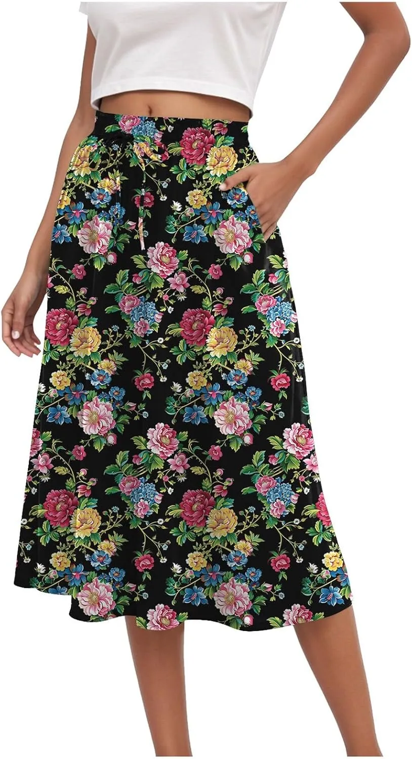 Skirts for Women Spring Summer Boho Floral Print High Waist Flowy Split A Line Midi Skirt with Pockets