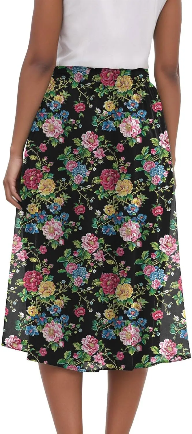 Skirts for Women Spring Summer Boho Floral Print High Waist Flowy Split A Line Midi Skirt with Pockets