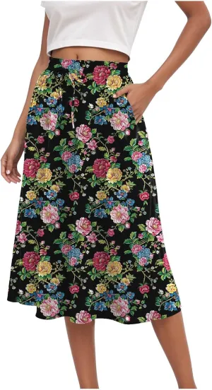 Skirts for Women Spring Summer Boho Floral Print High Waist Flowy Split A Line Midi Skirt with Pockets