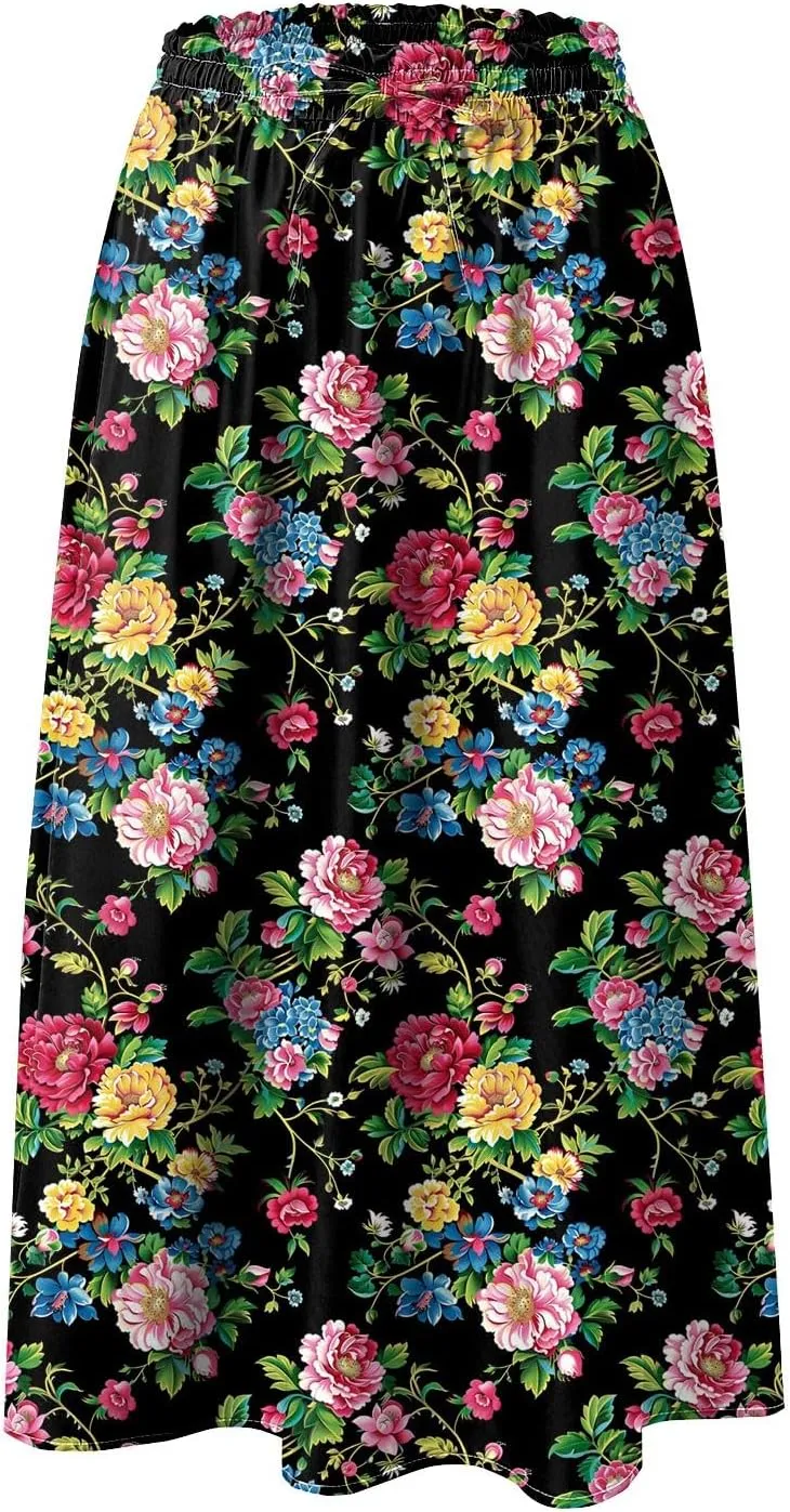 Skirts for Women Spring Summer Boho Floral Print High Waist Flowy Split A Line Midi Skirt with Pockets