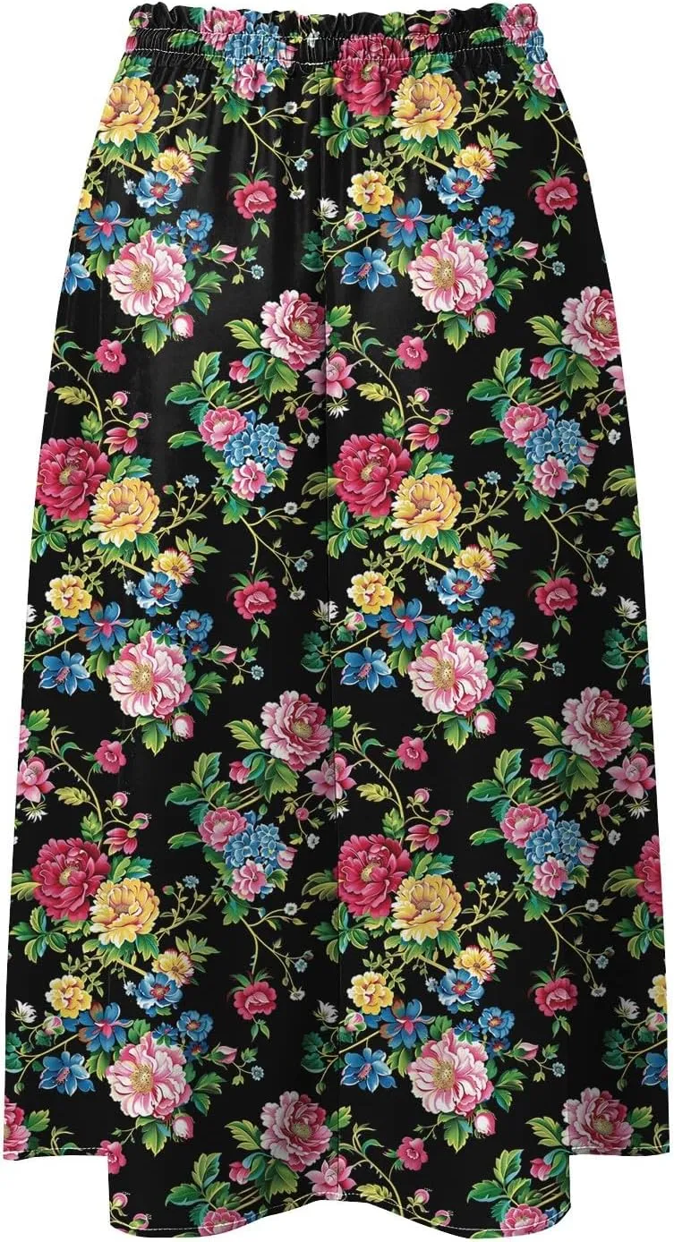 Skirts for Women Spring Summer Boho Floral Print High Waist Flowy Split A Line Midi Skirt with Pockets