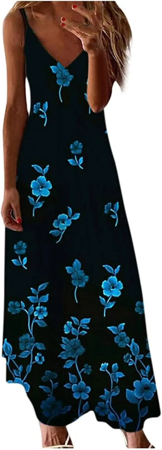 SMIDOW Boho Dresses for Women 2024 Trendy Floral Print Spaghetti Strap Maxi Dress Sexy v Neck Flowy Beach Long Sundress