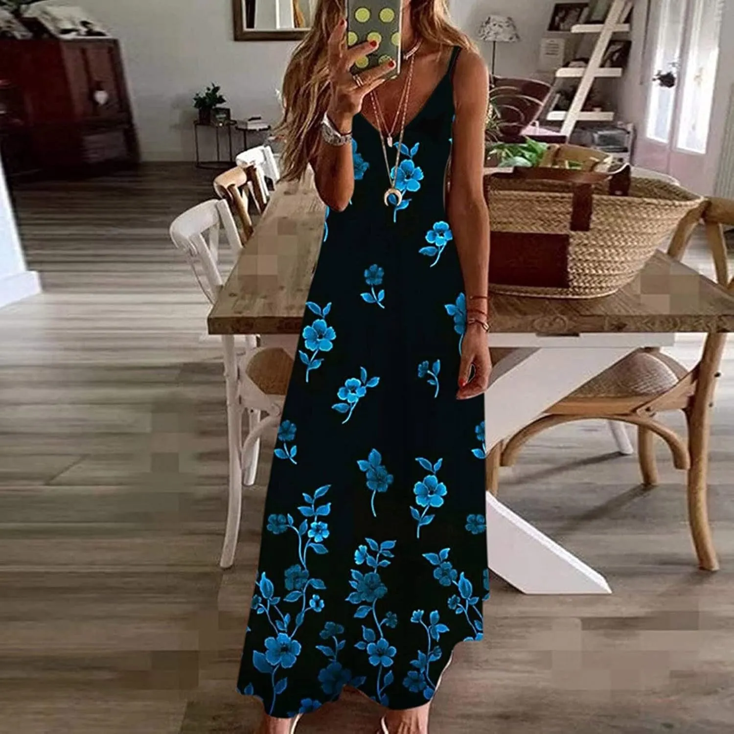 SMIDOW Boho Dresses for Women 2024 Trendy Floral Print Spaghetti Strap Maxi Dress Sexy v Neck Flowy Beach Long Sundress