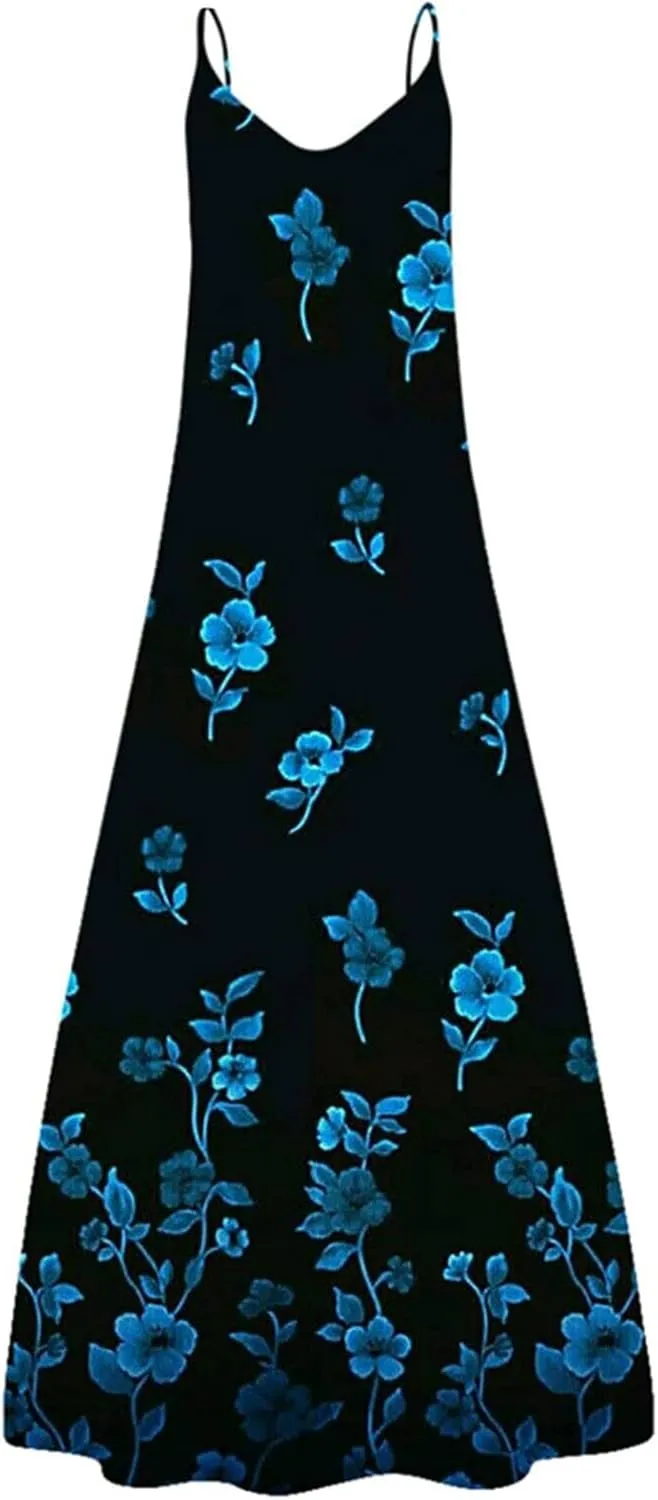 SMIDOW Boho Dresses for Women 2024 Trendy Floral Print Spaghetti Strap Maxi Dress Sexy v Neck Flowy Beach Long Sundress