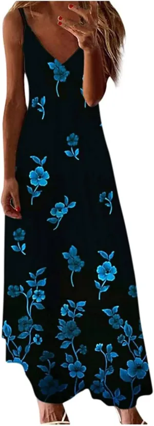 SMIDOW Boho Dresses for Women 2024 Trendy Floral Print Spaghetti Strap Maxi Dress Sexy v Neck Flowy Beach Long Sundress