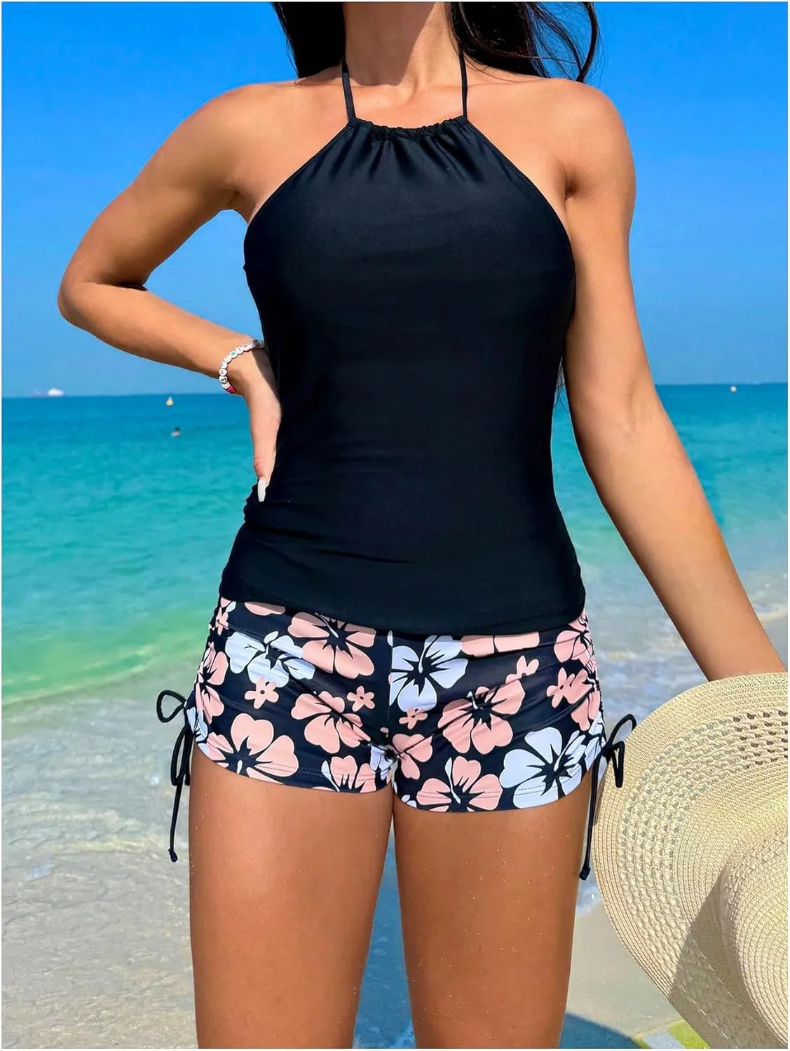 SOLY HUX Tankini Swimsuits for Women Floral Print Bathing Suit Drawstring Halter Tops and Shorts Two Piece Swimsuit