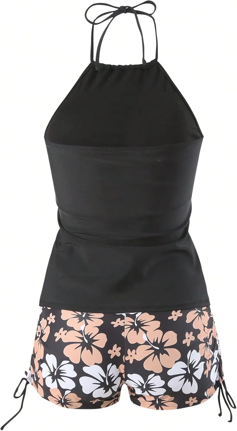 SOLY HUX Tankini Swimsuits for Women Floral Print Bathing Suit Drawstring Halter Tops and Shorts Two Piece Swimsuit