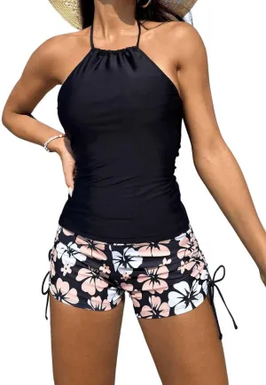 SOLY HUX Tankini Swimsuits for Women Floral Print Bathing Suit Drawstring Halter Tops and Shorts Two Piece Swimsuit