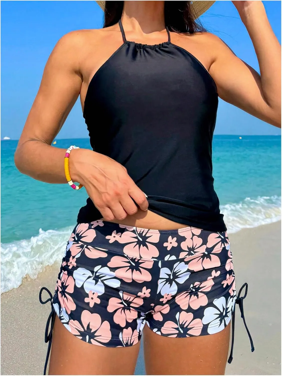 SOLY HUX Tankini Swimsuits for Women Floral Print Bathing Suit Drawstring Halter Tops and Shorts Two Piece Swimsuit