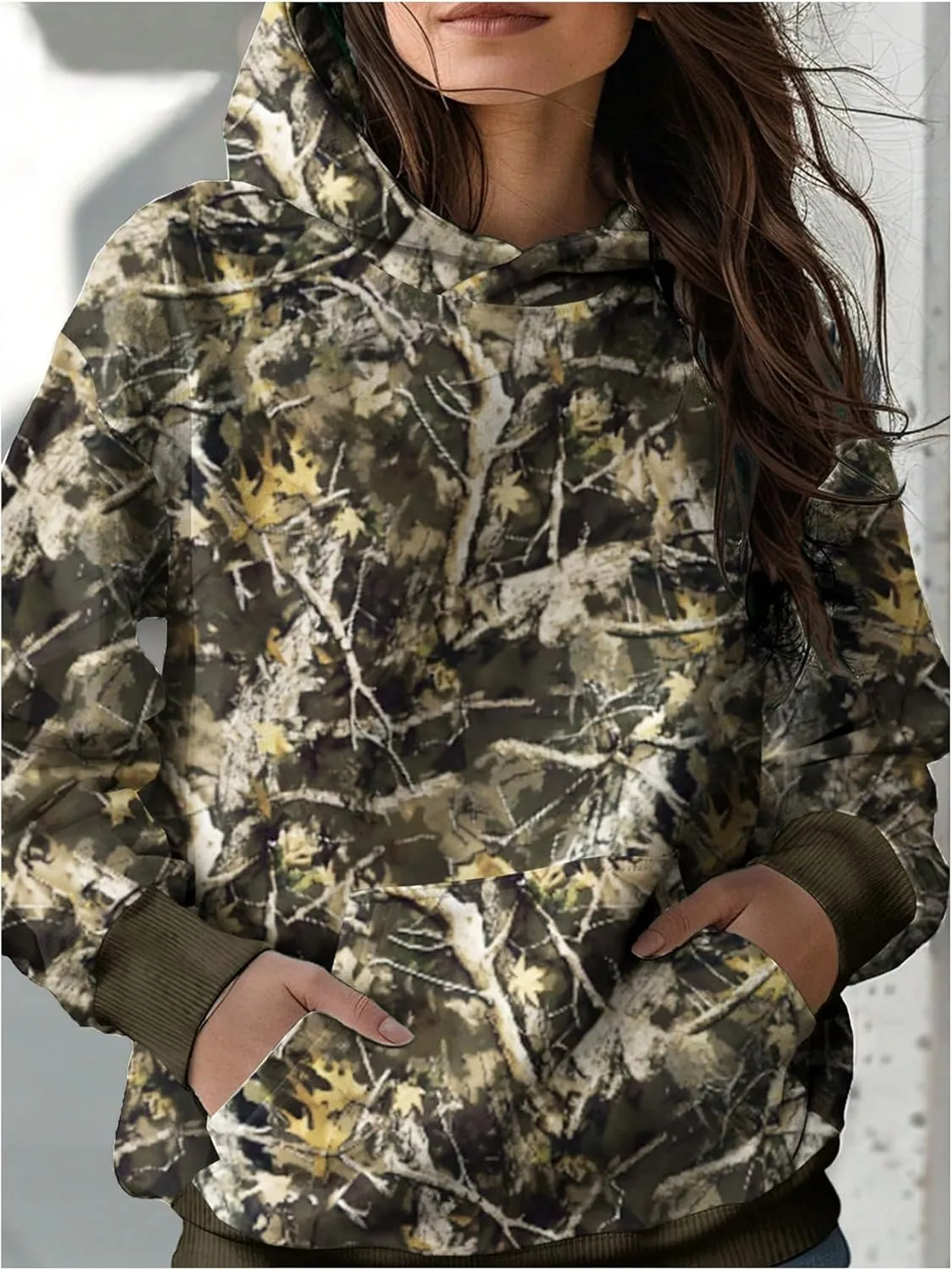 SOLY HUX Women's Plus Size Camo Hoodie Maple Leaf Print Hooded Sweatshirt Drawstring Long Sleeve Fleece Pullover Tops