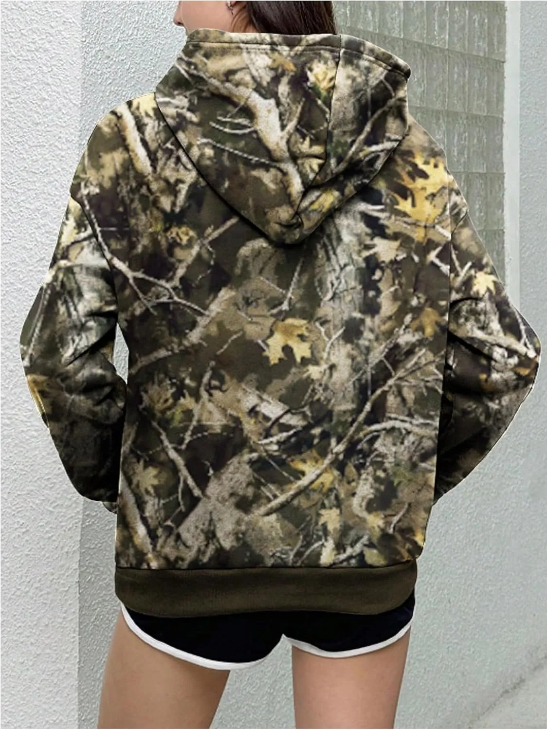 SOLY HUX Women's Plus Size Camo Hoodie Maple Leaf Print Hooded Sweatshirt Drawstring Long Sleeve Fleece Pullover Tops