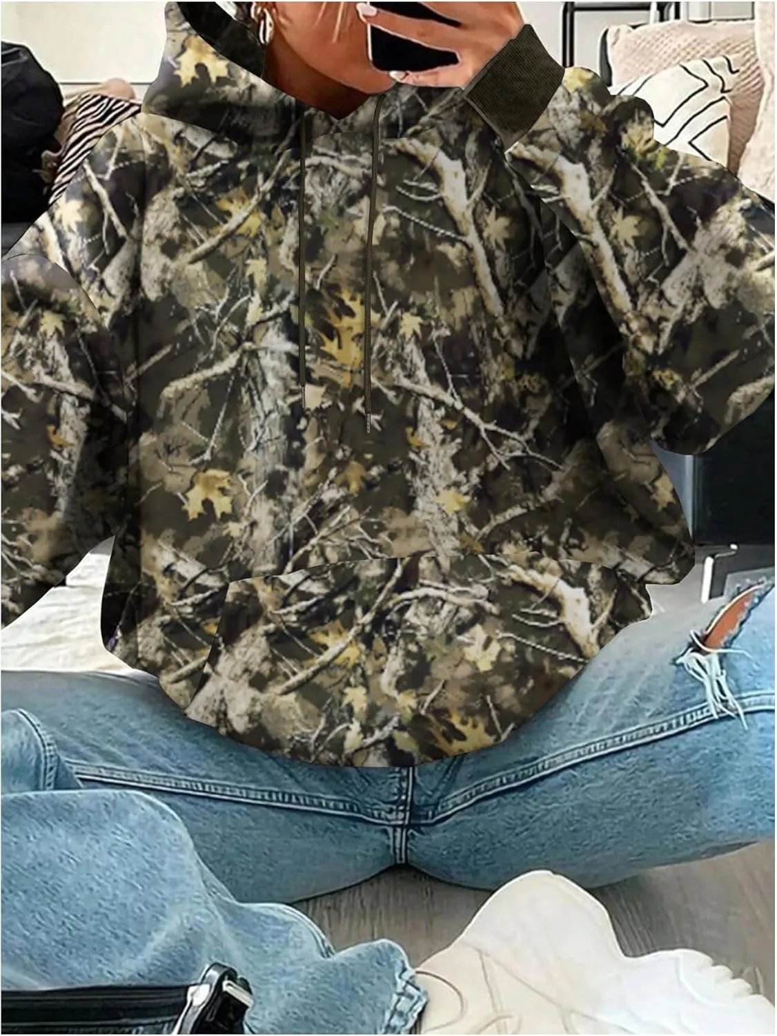 SOLY HUX Women's Plus Size Camo Hoodie Maple Leaf Print Hooded Sweatshirt Drawstring Long Sleeve Fleece Pullover Tops