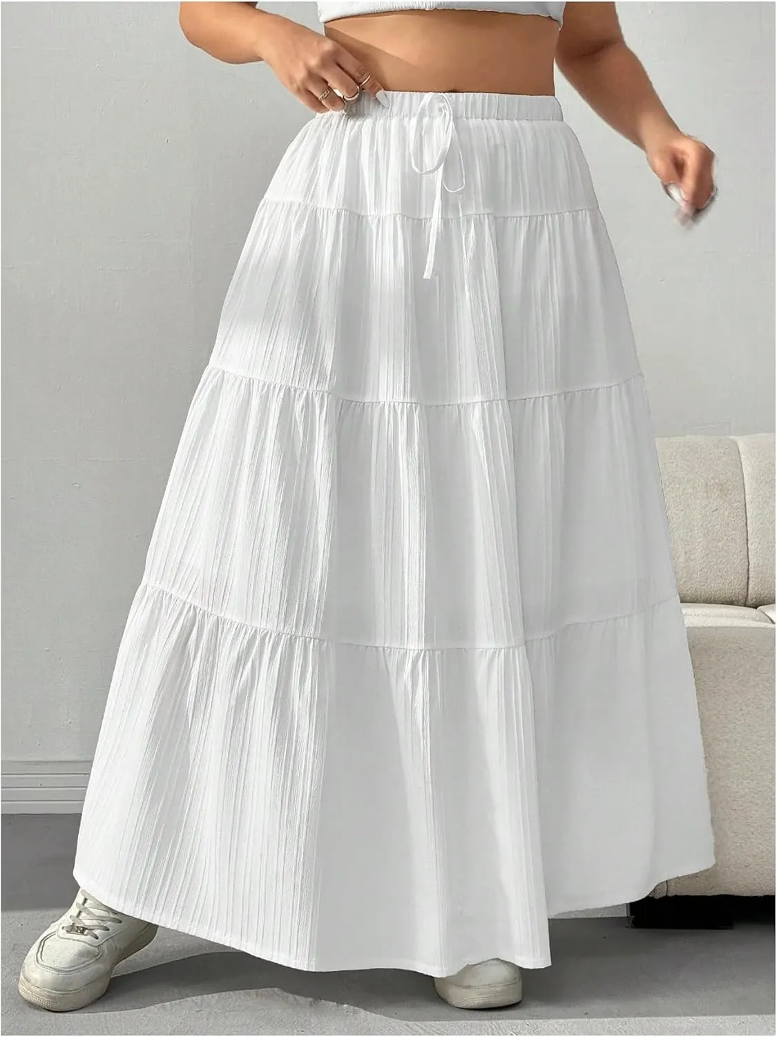 SOLY HUX Women's Plus Size Ruffle Maxi Skirt Tie Front Elastic Waist Casual Summer Flowy Long Skirts