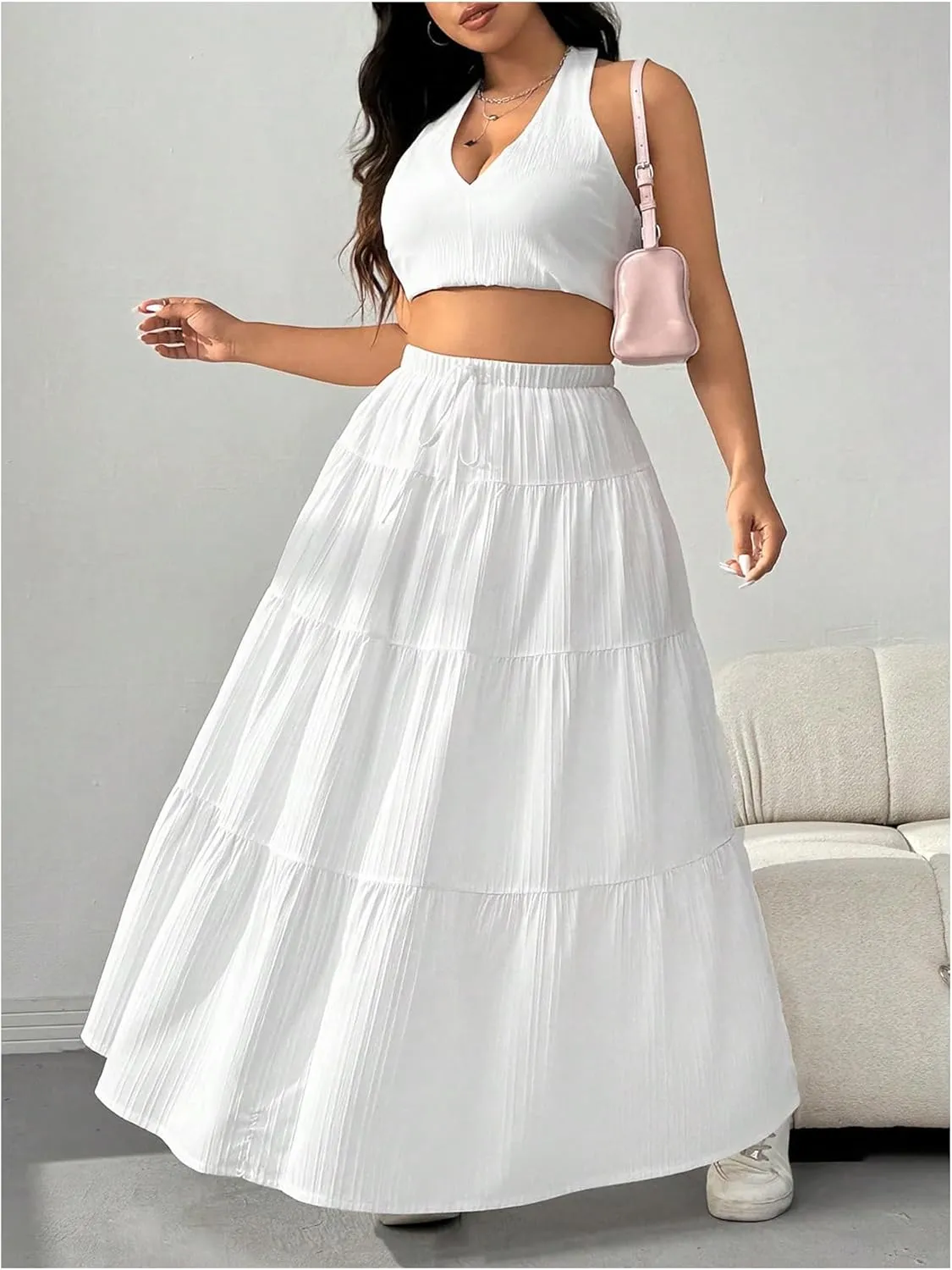 SOLY HUX Women's Plus Size Ruffle Maxi Skirt Tie Front Elastic Waist Casual Summer Flowy Long Skirts