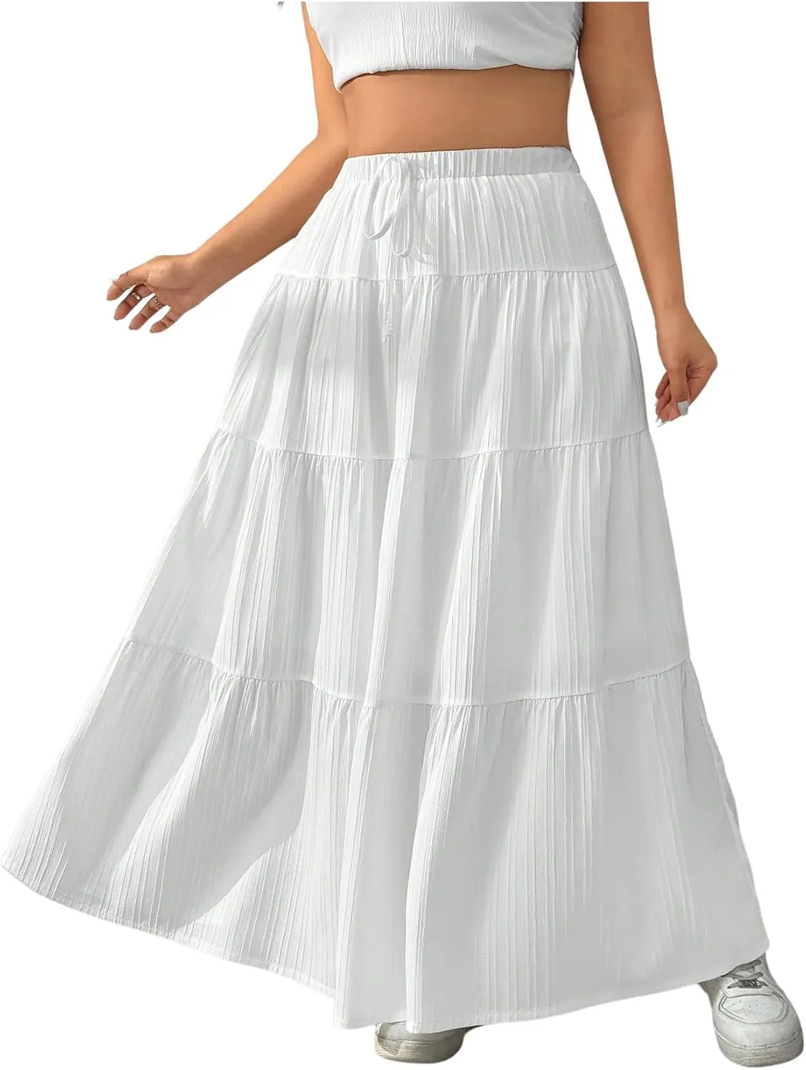 SOLY HUX Women's Plus Size Ruffle Maxi Skirt Tie Front Elastic Waist Casual Summer Flowy Long Skirts