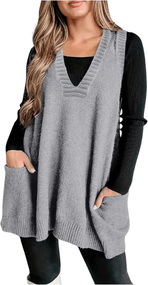SOLY HUX Women's Plus Size Sweater Vest V Neck Sleeveless Loose Fit Knit Pullover Tank Tops with Pockets