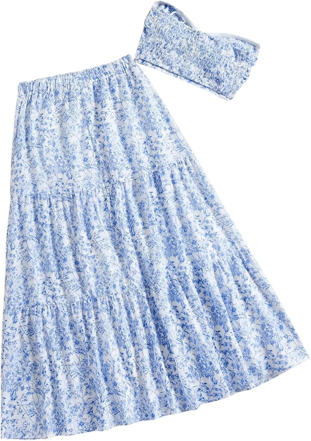 SOLY HUX Women's Summer 2 Piece Vacation Cruise Outfits Floral Print Tube Top and Maxi Skirt Set