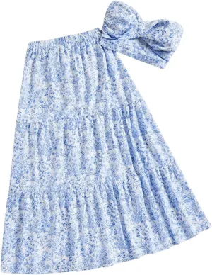 SOLY HUX Women's Summer 2 Piece Vacation Cruise Outfits Floral Print Tube Top and Maxi Skirt Set