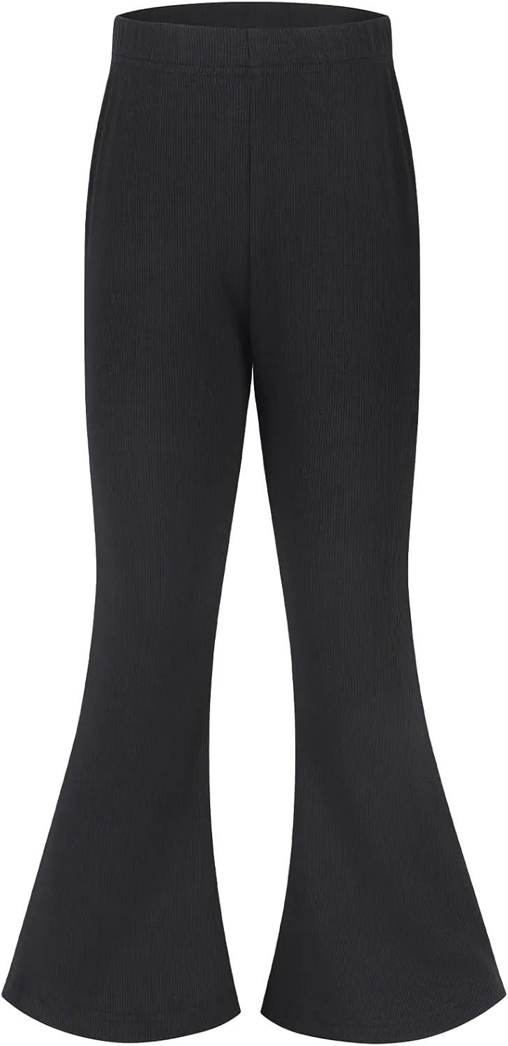 Spring&Gege Girls Ribbed Knit Bell Bottoms Flare Leggings Ruffle Bootcut Pants Casual Solid Fall Outfits (5-12 Years)