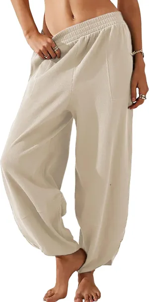 Springrain Womens Baggy Wide Leg Pants Cotton Elastic Waisted Loose Palazzo Harem Pants with Pockets