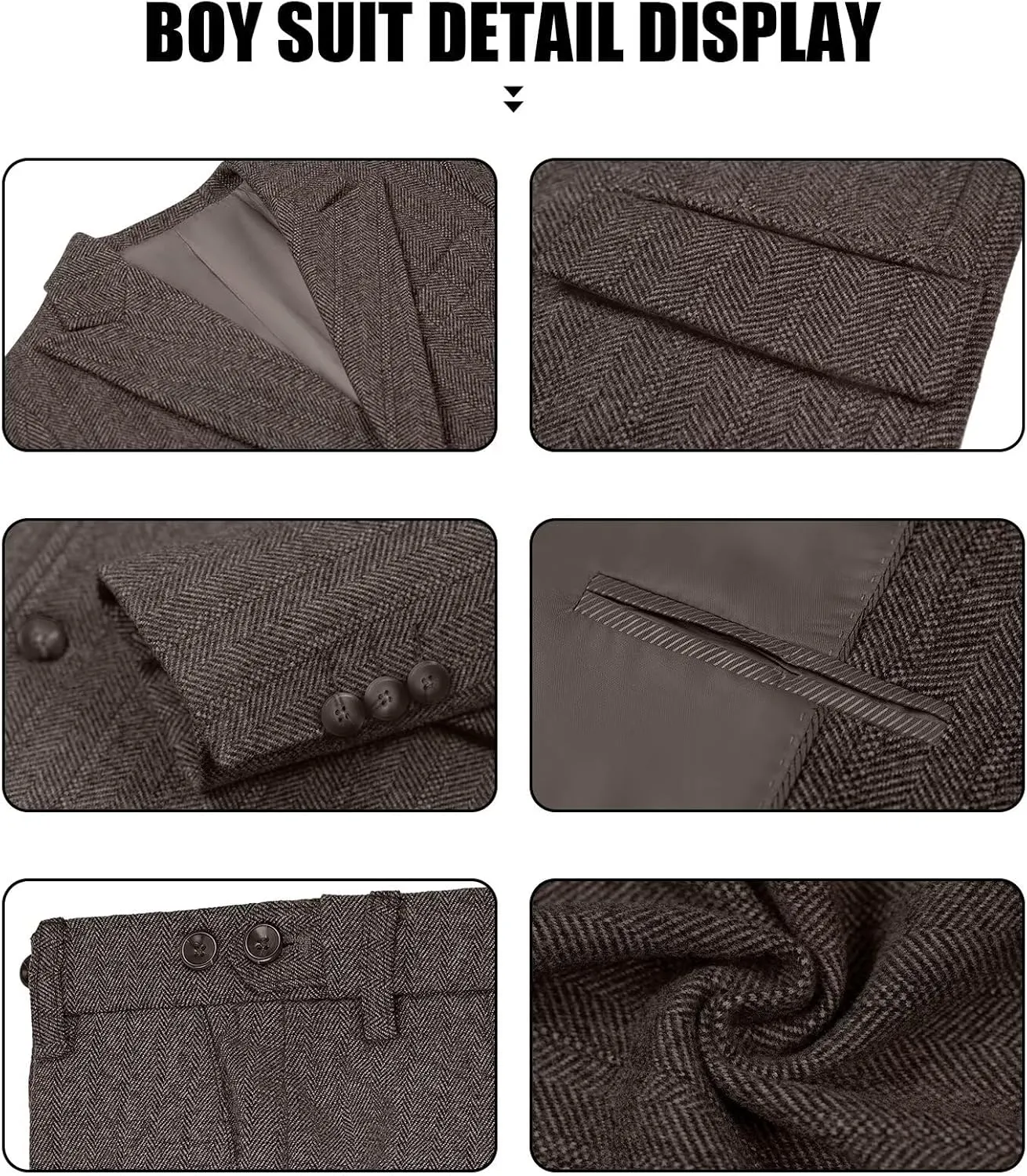 Suits for Boys Tweed Herringbone 5 Piece Toddler Kids Wedding Outfit Teen Boy Blazer Vest Pant Suit Tuxedo Set with Shirt Tie