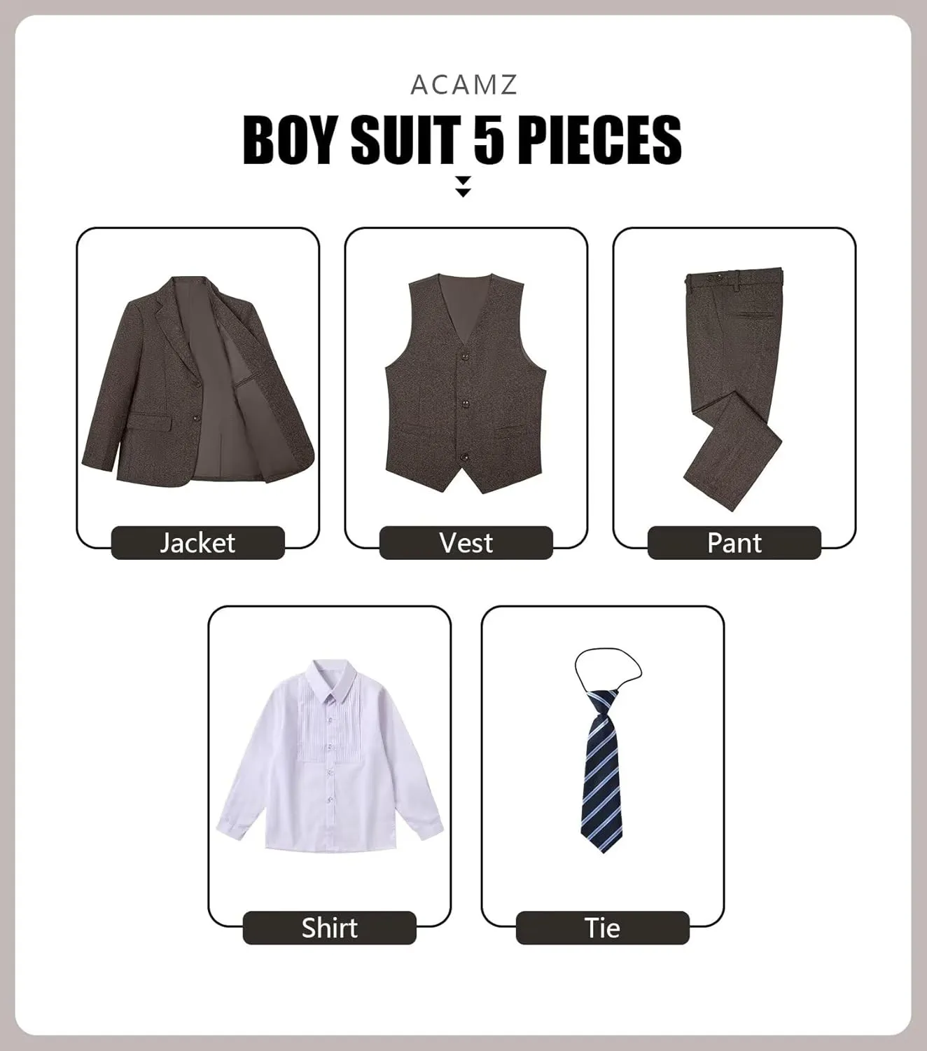 Suits for Boys Tweed Herringbone 5 Piece Toddler Kids Wedding Outfit Teen Boy Blazer Vest Pant Suit Tuxedo Set with Shirt Tie