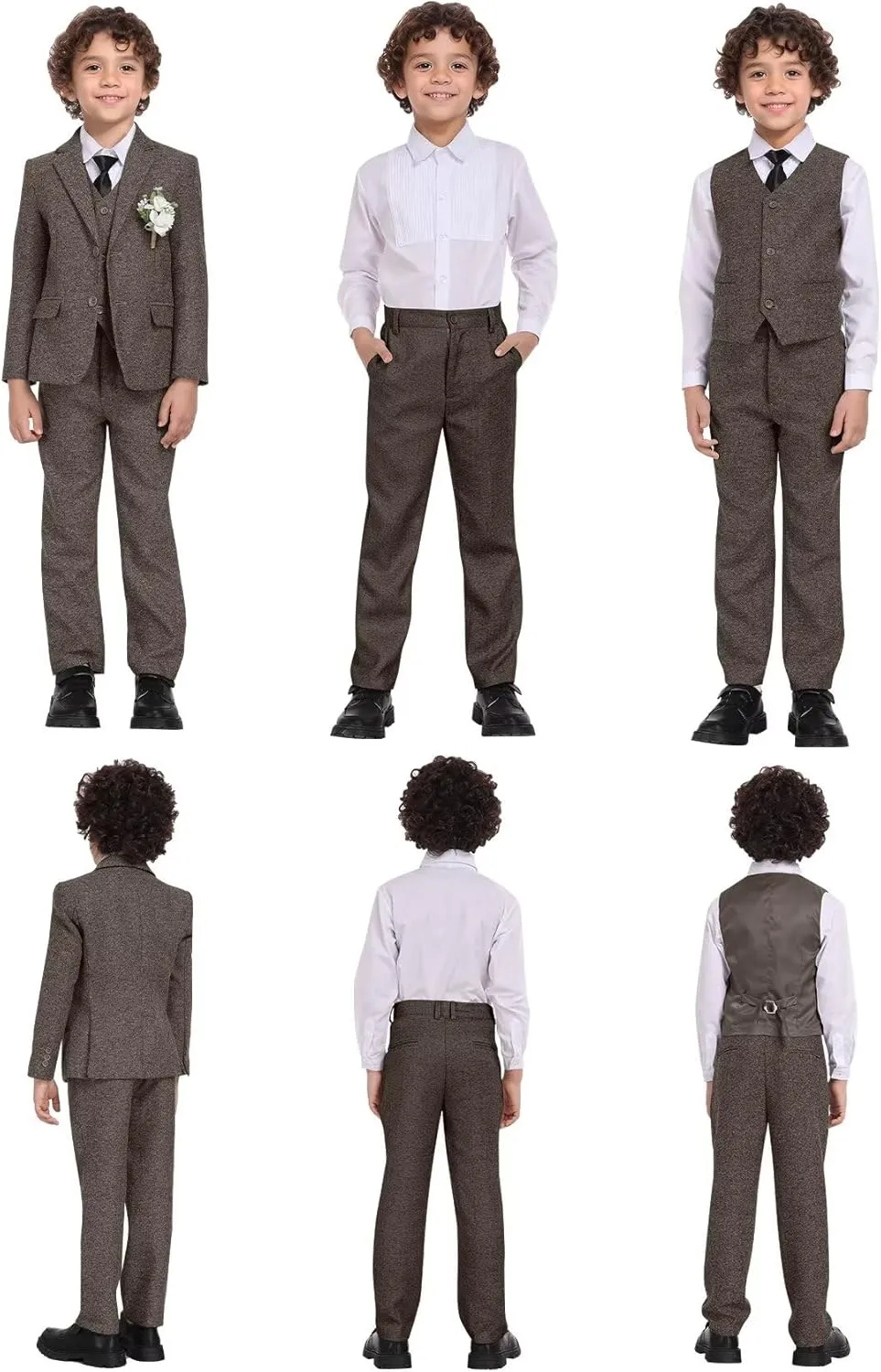Suits for Boys Tweed Herringbone 5 Piece Toddler Kids Wedding Outfit Teen Boy Blazer Vest Pant Suit Tuxedo Set with Shirt Tie