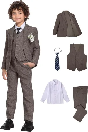 Suits for Boys Tweed Herringbone 5 Piece Toddler Kids Wedding Outfit Teen Boy Blazer Vest Pant Suit Tuxedo Set with Shirt Tie