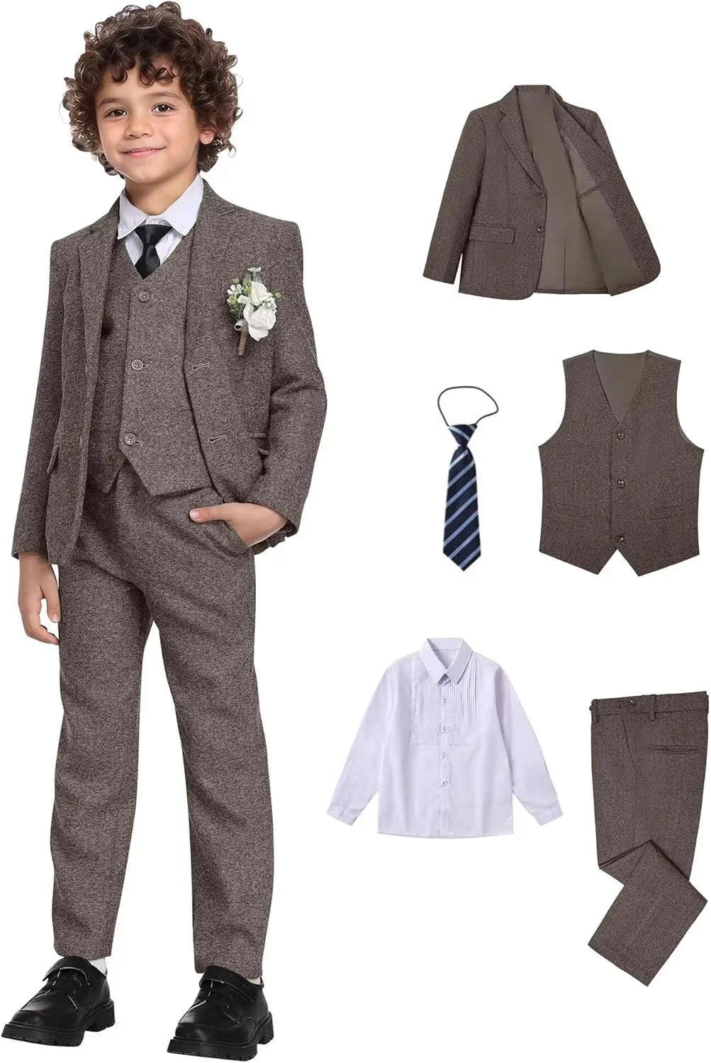 Suits for Boys Tweed Herringbone 5 Piece Toddler Kids Wedding Outfit Teen Boy Blazer Vest Pant Suit Tuxedo Set with Shirt Tie