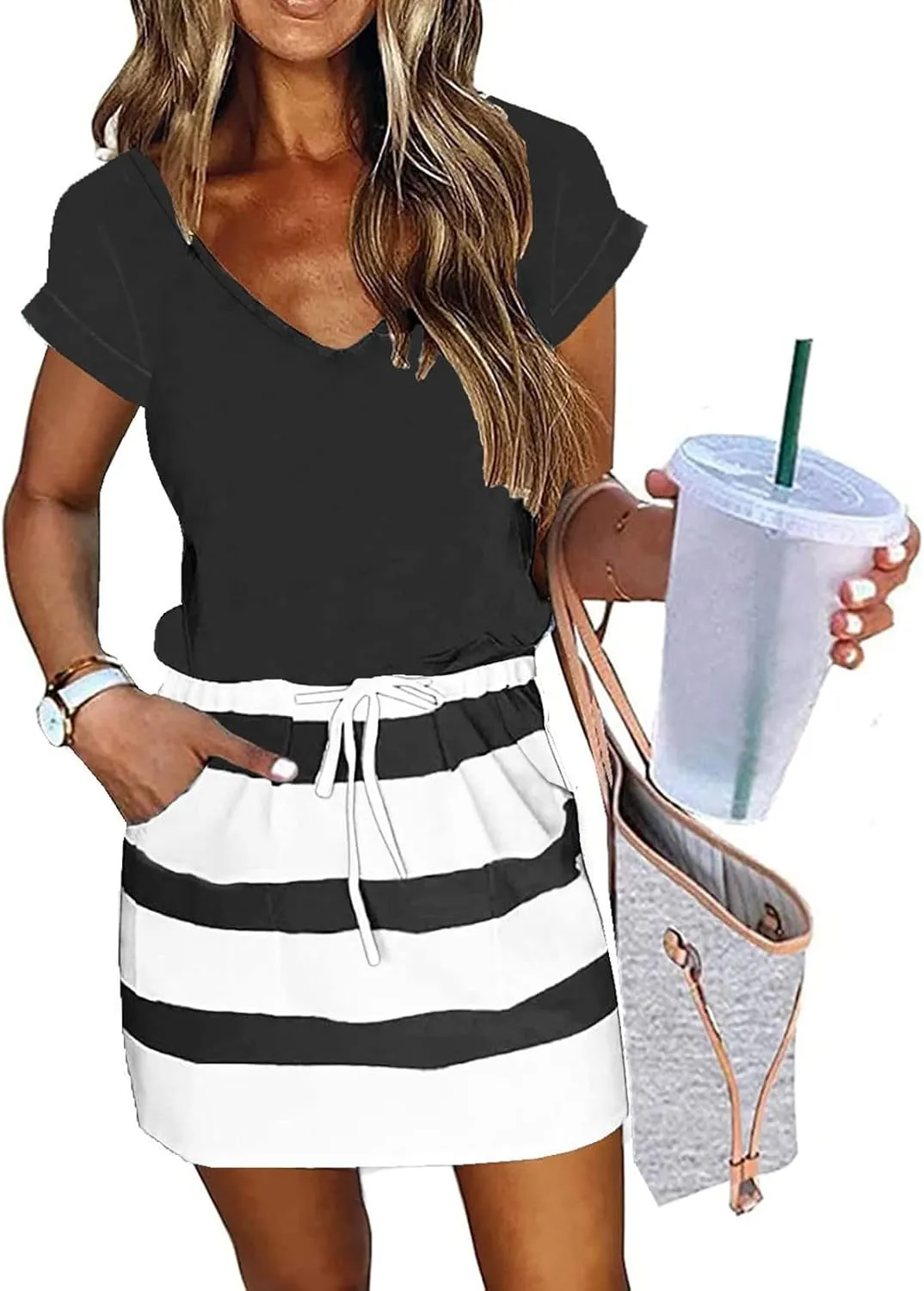 Summer Dresses for Women Tie Front A-Line Double Layer Hem Mini Dresses Beach Work Casual Sundress with Pockets
