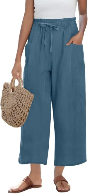 Summer Linen Pants for Women 2025 High Waist Elastic Straight Leg Palazzo Pant Lightweight Flowy Beach Trousers