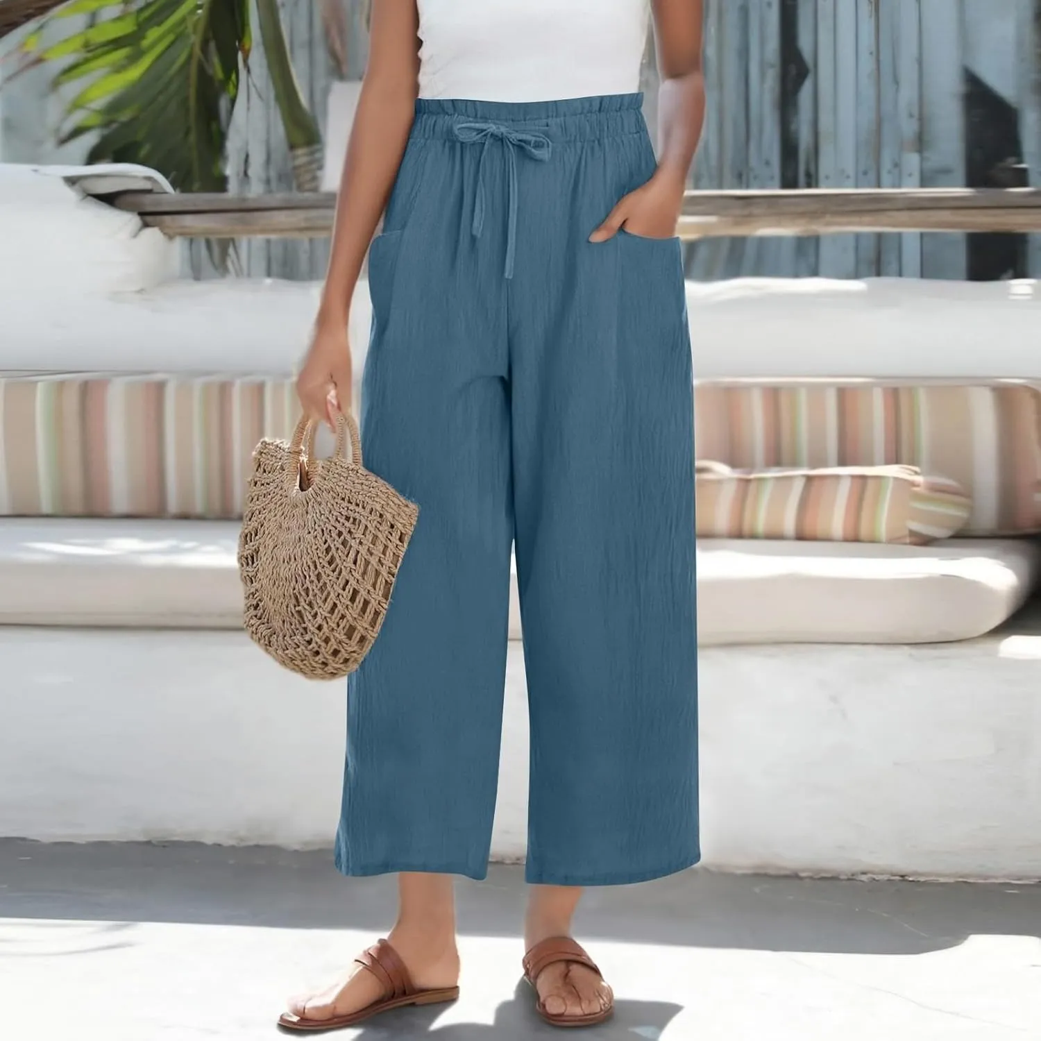 Summer Linen Pants for Women 2025 High Waist Elastic Straight Leg Palazzo Pant Lightweight Flowy Beach Trousers