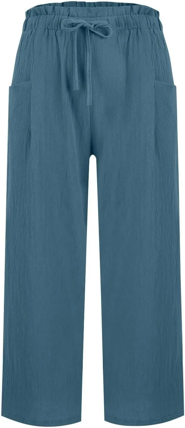 Summer Linen Pants for Women 2025 High Waist Elastic Straight Leg Palazzo Pant Lightweight Flowy Beach Trousers